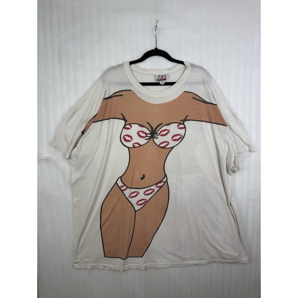 Vtg 1980's Bikini Body Graphic Tee Shirt Lips Pattern Novelty Coverup Dress OSFA